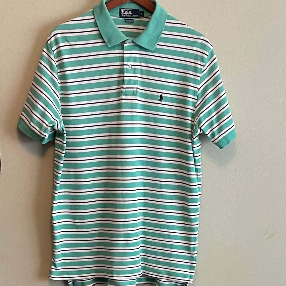 Ralph Lauren‎ Men's Large Green and Navy Striped Polo 100%Cotton Preppy VTG